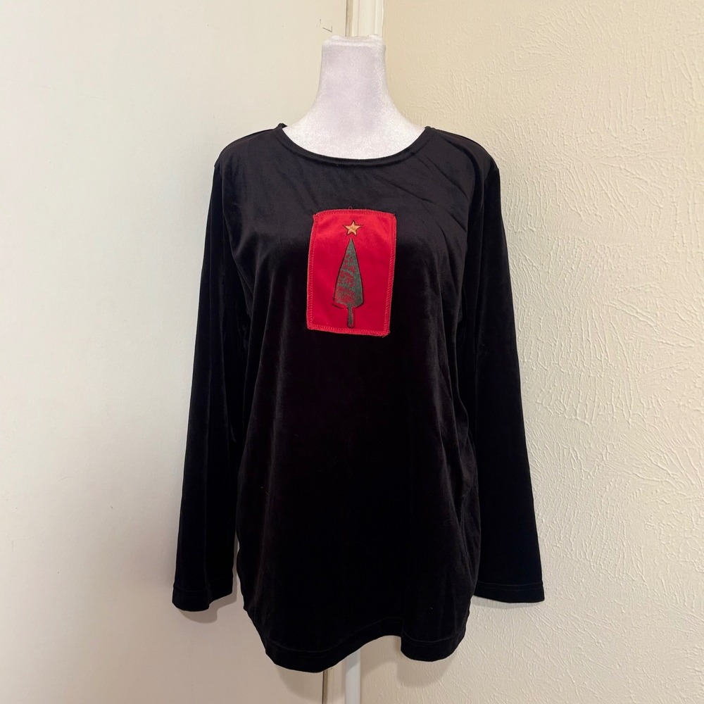 90s Vintage Whimsigoth Black Velvet Christmas Tree Patchwork Long Sleeve Top M